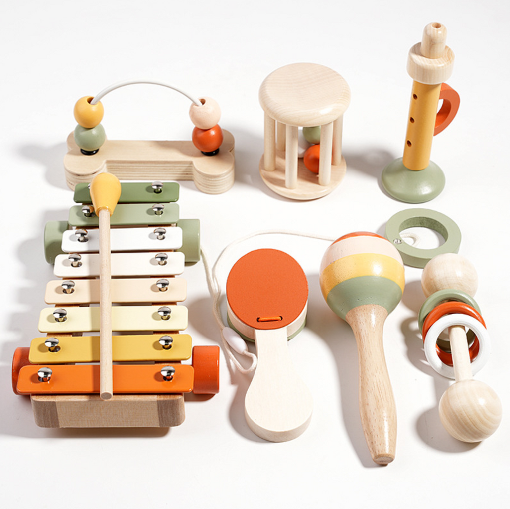 Kinder Holz Musikinstrumente - 7-teiliges Montessori Musikspielzeug-Set für frühes Lernen