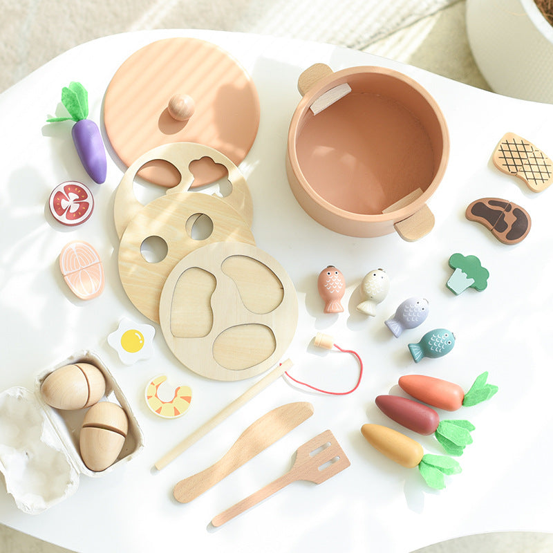 Lebensmittelspielzeug aus Holz mit Kochgeschirr und Utensilien für Kinder ab 24 Monate