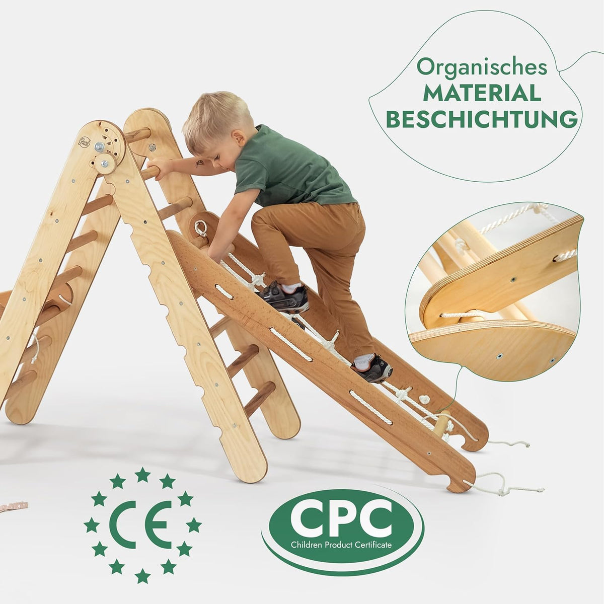 5in1 Montessori Klettergerüst Set: Kletterdreieck mit Rutsche, Kletterbogen, Kletternetz und Kissen, für Kinder 1-7 Jahre – Beige
