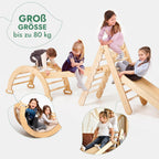 5in1 Montessori Klettergerüst Set: Kletterdreieck mit Rutsche, Kletterbogen, Kletternetz und Kissen, für Kinder 1-7 Jahre – Beige
