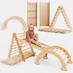 4in1 Montessori Klettergerüst Set: Kletterdreieck mit Rutsche, Kletterbogen mit Kissen, für Kinder 1-7 Jahre – Beige