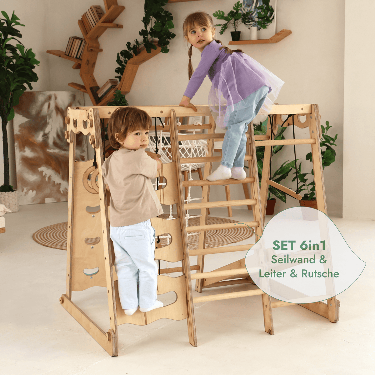 6in1 Indoor-Spielplatz aus Holz für Kinder –  Schaukel, Rutsche, Seil und Treppe