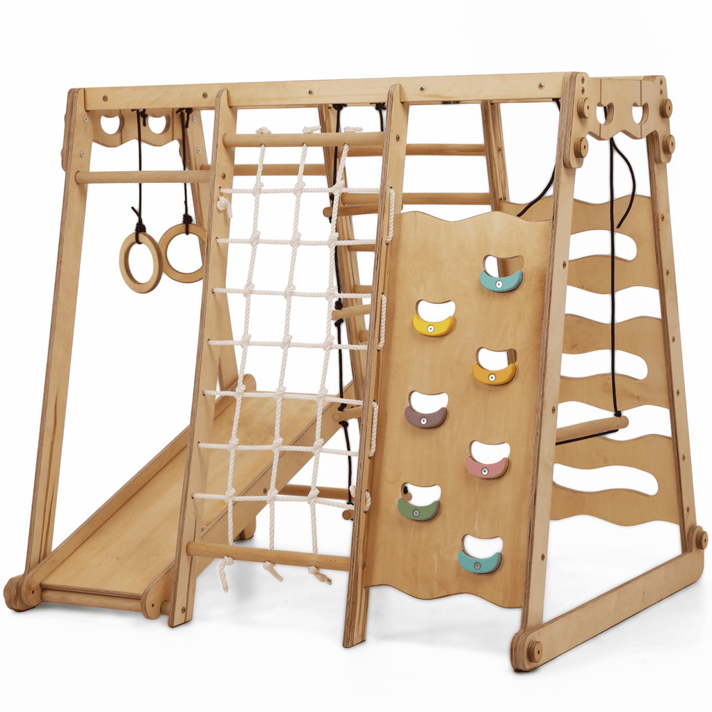 6in1 Indoor-Spielplatz aus Holz für Kinder –  Schaukel, Rutsche, Seil und Treppe
