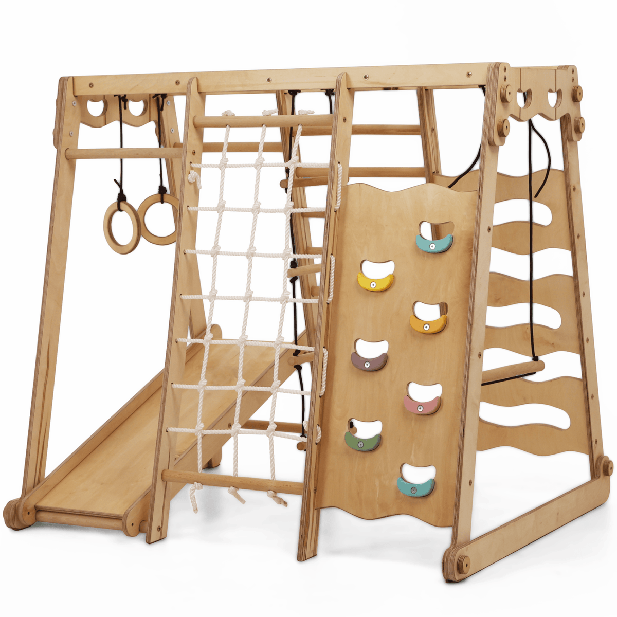 6in1 Indoor-Spielplatz aus Holz für Kinder –  Schaukel, Rutsche, Seil und Treppe
