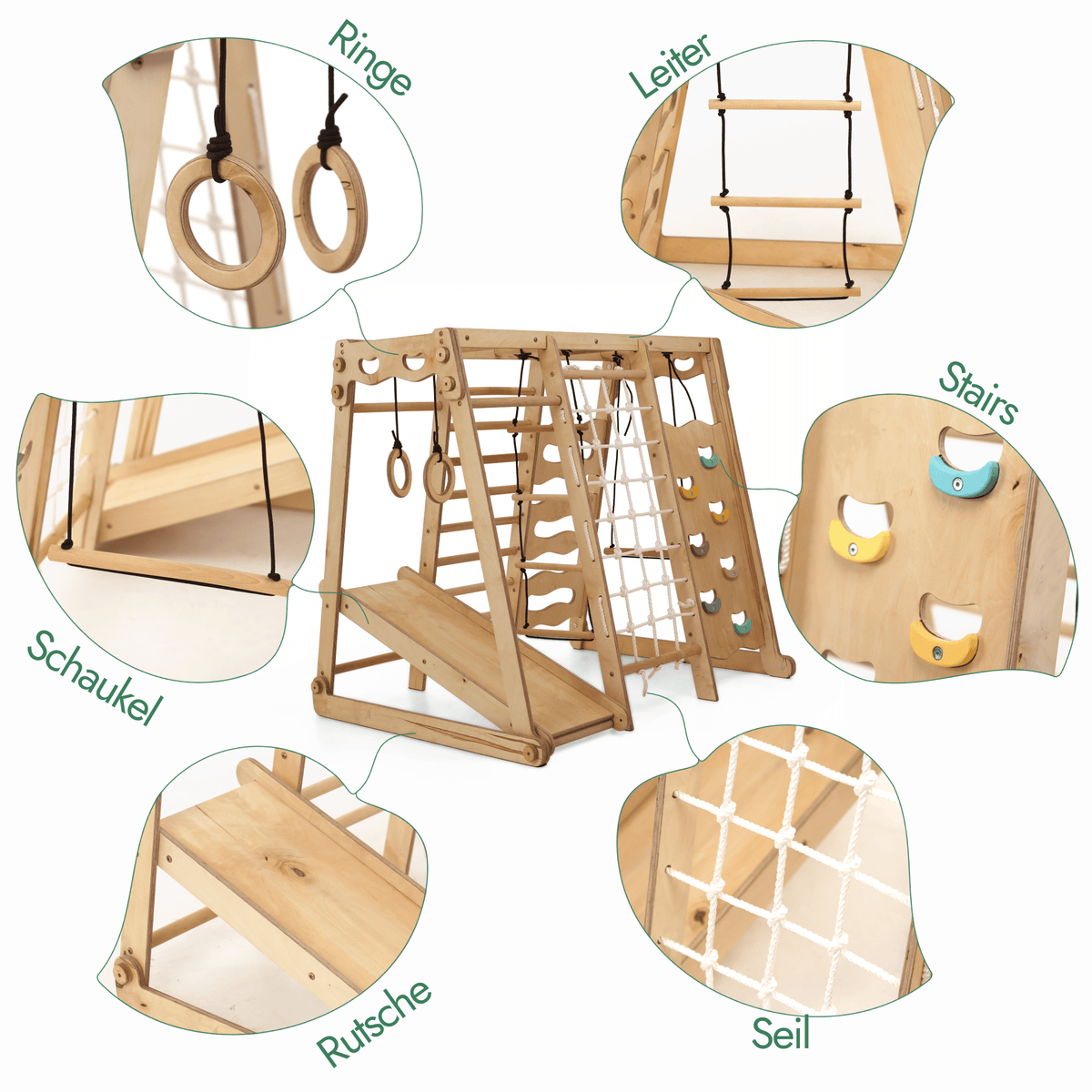 6in1 Indoor-Spielplatz aus Holz für Kinder –  Schaukel, Rutsche, Seil und Treppe