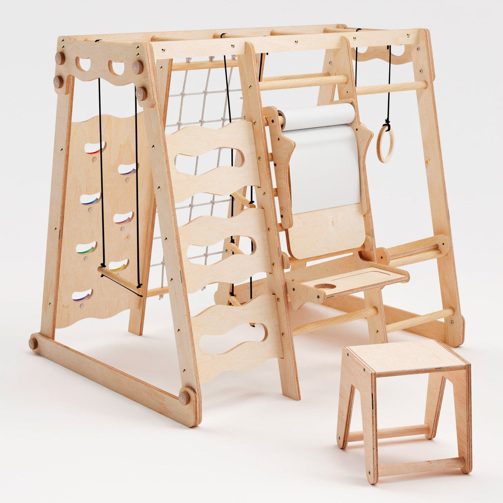 6in1 Indoor-Spielplatz aus Holz für Kinder –  Schaukel, Rutsche, Seil und Treppe