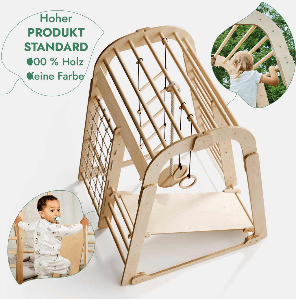 6in1 Indoor Spielplatz für Kinder: Klettergerüst mit Kletternetz, Rutsche, Gymnastikringe, Hängende Leiter und Disc-Schaukel – Beige