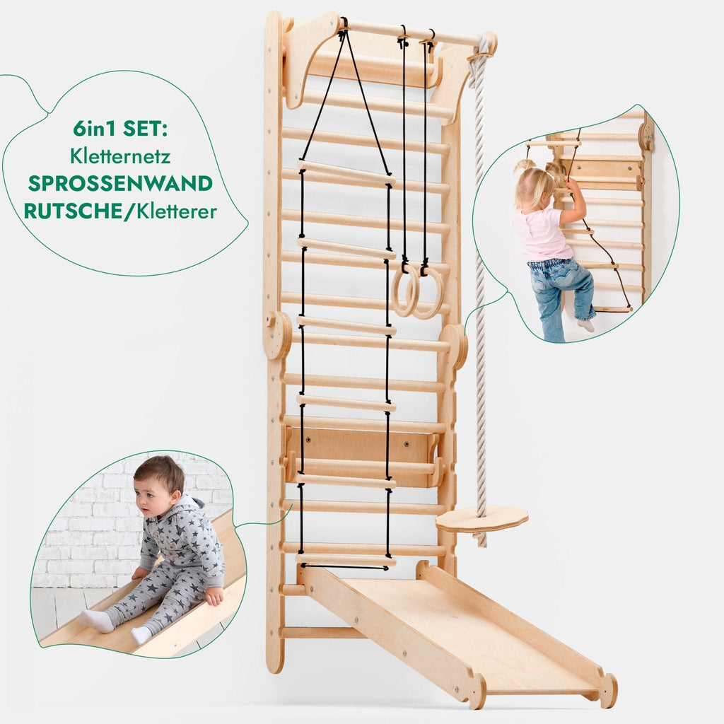6in1 Kletterwand Indoor: Sprossenwand, Gymnastikringe, Hängende Leiter, Disc-Schaukel, Rutsche und Klimmzugstange für Kinder