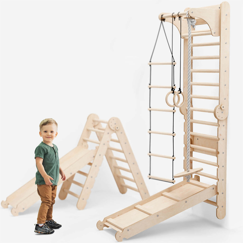 6in1 Kletterwand Indoor: Sprossenwand, Gymnastikringe, Hängende Leiter, Disc-Schaukel, Rutsche und Klimmzugstange für Kinder