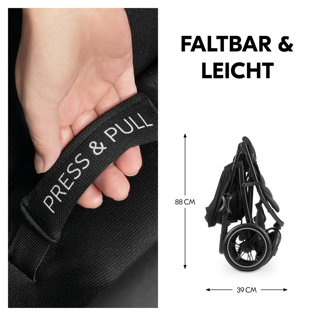 Hauck Buggy Rapid 3R Kinderwagen für Kinder bis 22 kg, mit Gummi Reifen, Klein Zusammenklappbar, UV-Schutz 50+, Schlaffunktion ab Geburt, Höhenverstellbarer Schieber und Großem Korb bis 3 kg (Black)