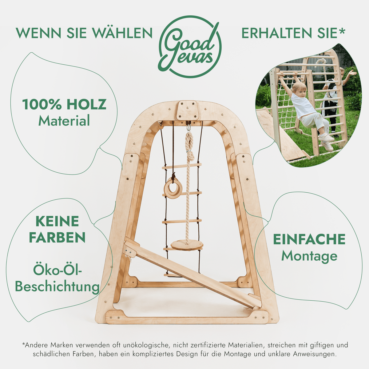 8in1 Indoor Spielplatz: Klettergerüst mit Kletternetz, Rutsche, Gymnastikringe, Hängende Leiter, Disc-Schaukel, Maltafel und Kinderstuhl – Beige