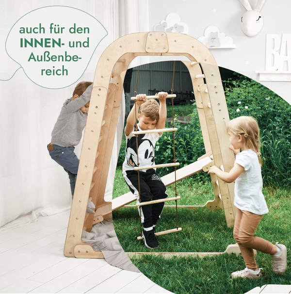 8in1 Indoor Spielplatz: Klettergerüst mit Kletternetz, Rutsche, Gymnastikringe, Hängende Leiter, Disc-Schaukel, Maltafel und Kinderstuhl – Beige