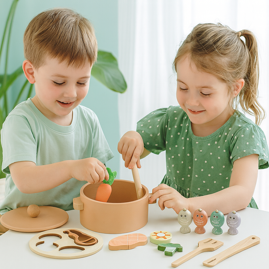 Lebensmittelspielzeug aus Holz mit Kochgeschirr und Utensilien für Kinder ab 24 Monate