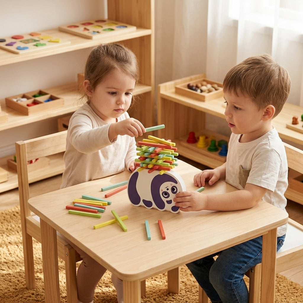 Montessori Balance Sticks – Holz Balance-Spiel mit Panda Wippe für Kinder ab 3 Jahre