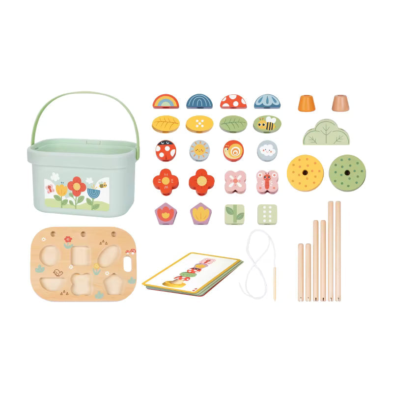 Montessori Holz Wald Steck- Einfädelspiel und Stapel Set mit Tierfiguren - Lern- & Motorikspielzeug für Kinder