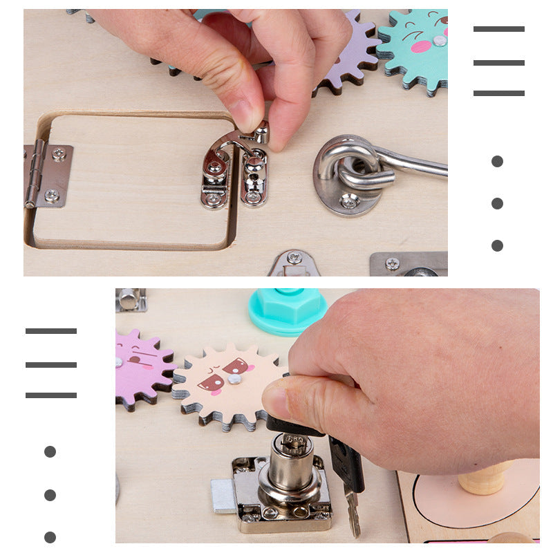 Montessori Busy - Beschäftigung Board aus Holz – Sinnesbrett mit verschiedenen Schlössern