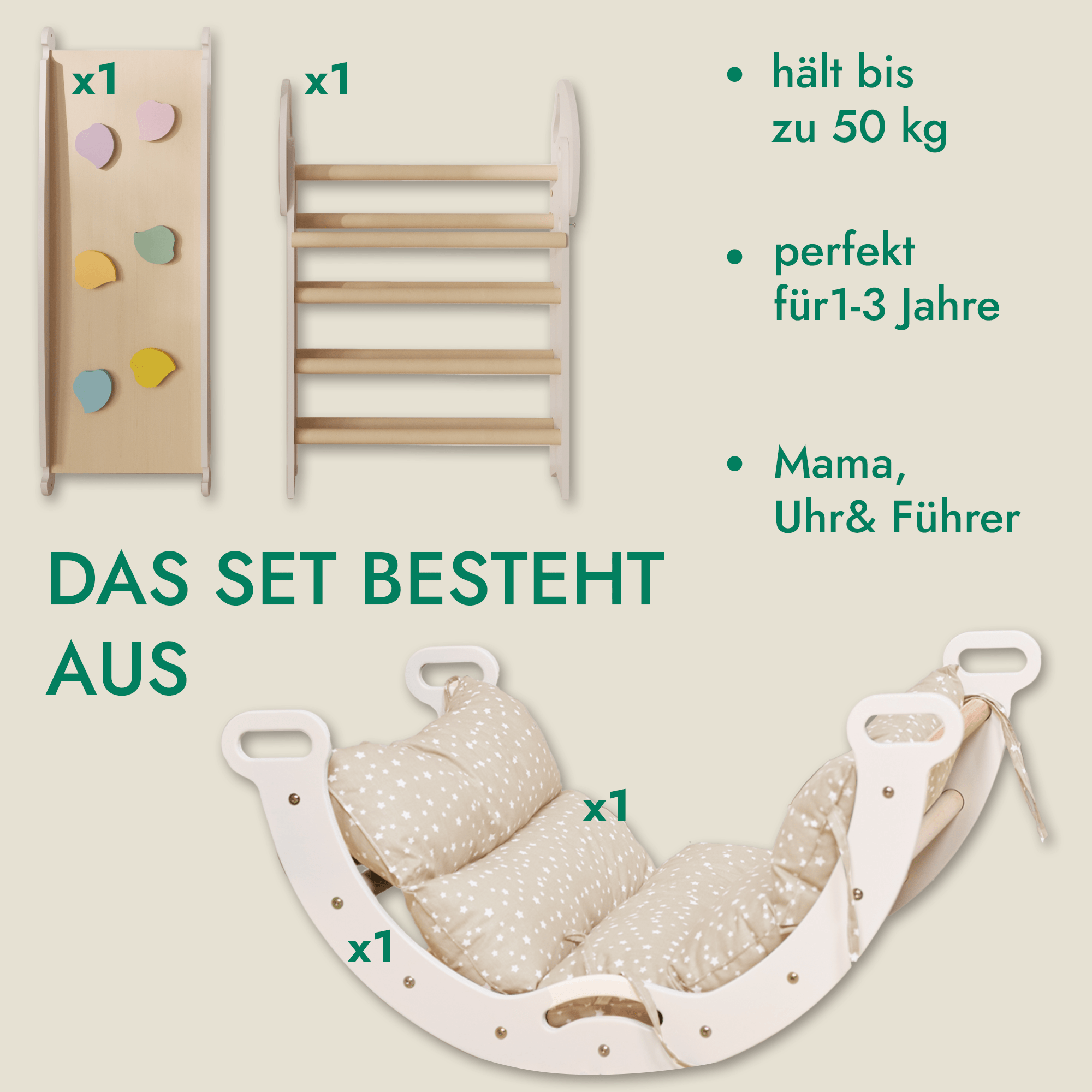 Montessori 4in1 Kletterdreieck für Babys: Pikler-Dreieck, Kletterbogen, Rutschbrett und Kissen für Kleinkinder (1–3 Jahre) - Beige