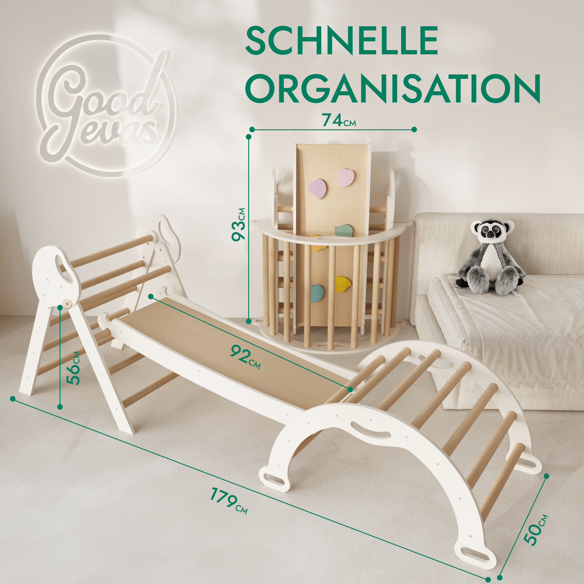Montessori 4in1 Kletterdreieck für Babys: Pikler-Dreieck, Kletterbogen, Rutschbrett und Kissen für Kleinkinder (1–3 Jahre) - Beige