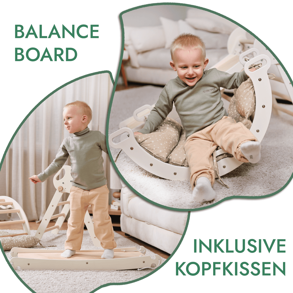 Montessori 4in1 Kletterdreieck für Babys: Pikler-Dreieck, Kletterbogen, Rutschbrett und Kissen für Kleinkinder (1–3 Jahre) - Beige