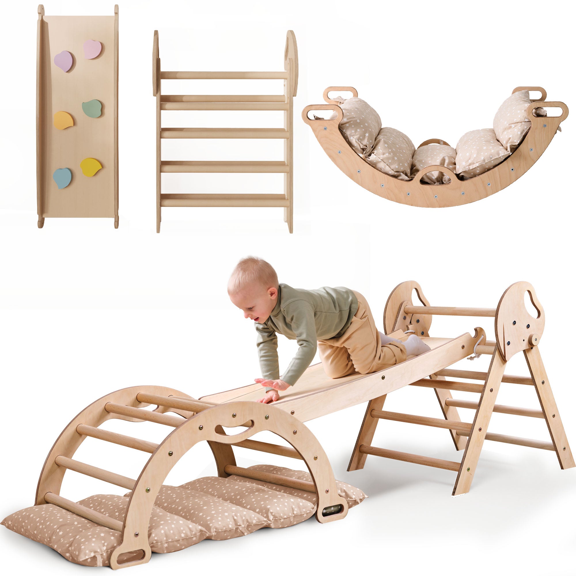 Montessori 4in1 Kletterdreieck für Babys: Pikler-Dreieck, Kletterbogen, Rutschbrett und Kissen für Kleinkinder (1–3 Jahre) - Beige
