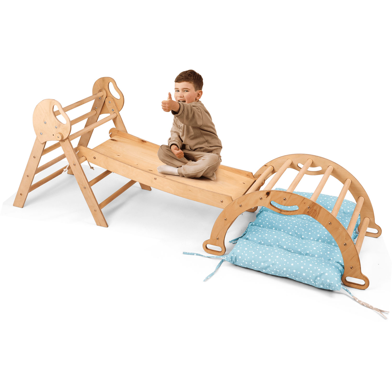 Montessori 4in1 Kletterdreieck für Babys: Pikler-Dreieck, Kletterbogen, Rutschbrett und Kissen für Kleinkinder (1–3 Jahre) - Beige