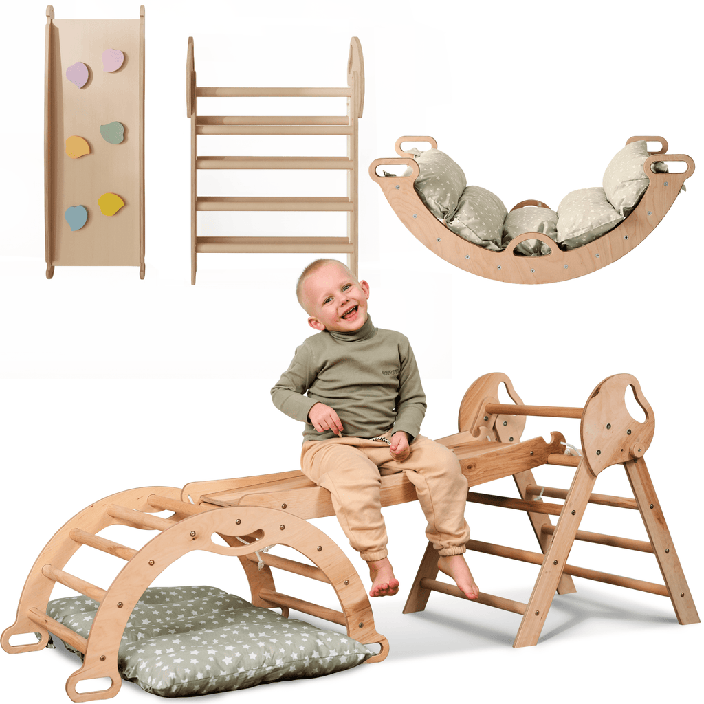 Montessori 4in1 Kletterdreieck für Babys: Pikler-Dreieck, Kletterbogen, Rutschbrett und Kissen für Kleinkinder (1–3 Jahre) - Beige